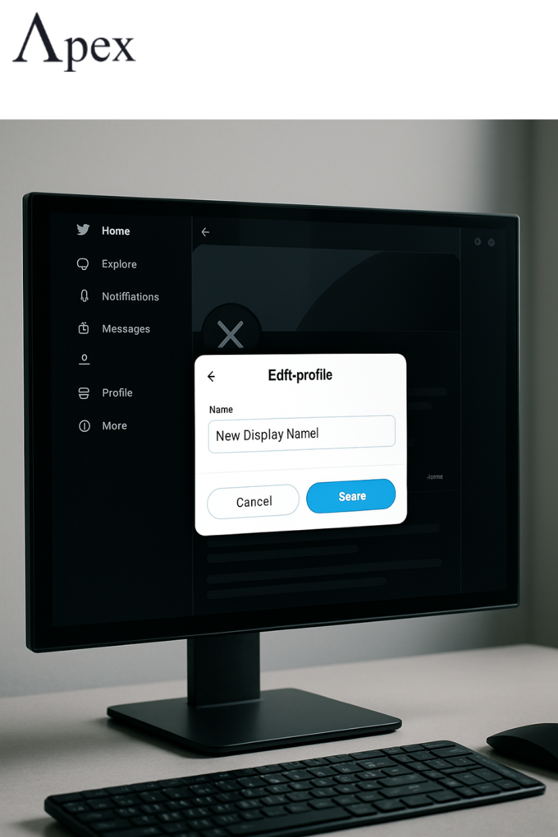 Editing Display Name on X Desktop Desktop screen showing X profile edit window to change display name