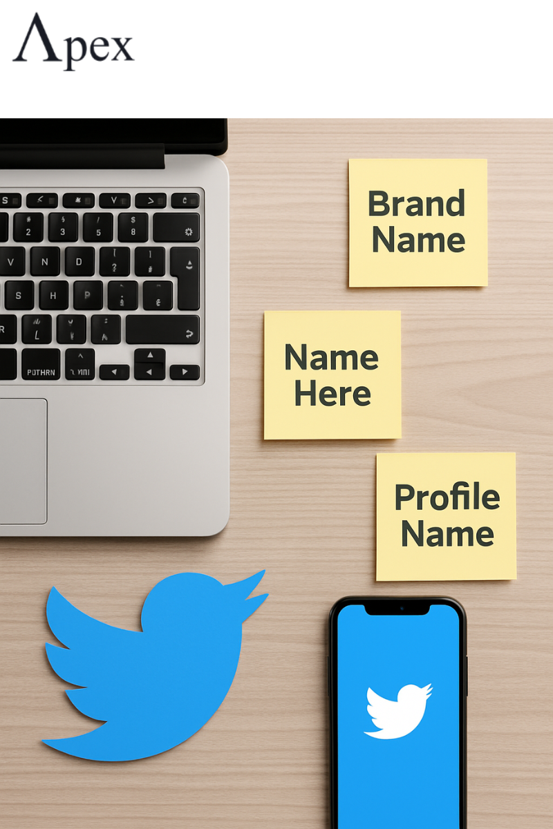 Planning Your Twitter or X Profile Name Laptop, phone with Twitter logo, and sticky notes with brand, name, and profile name