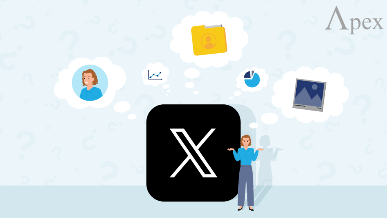 Illustration of a person standing beside the X logo with thought bubbles containing icons such as a profile picture, folder, chart, and photo.