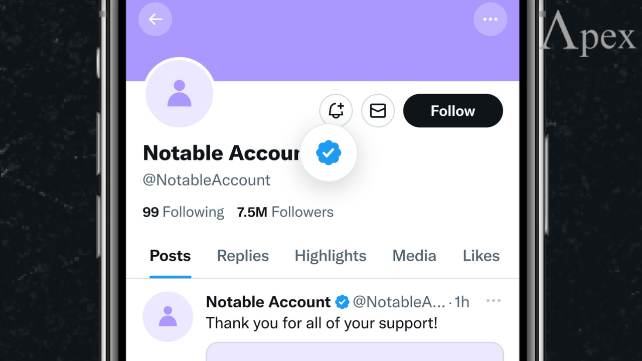 Twitter profile screen with a verified account badge and follower count.