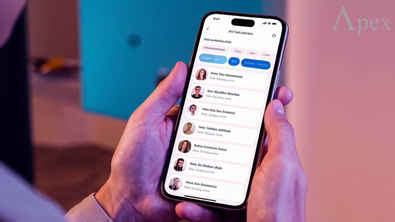 Person holding a smartphone displaying a social media app interface with user profiles.