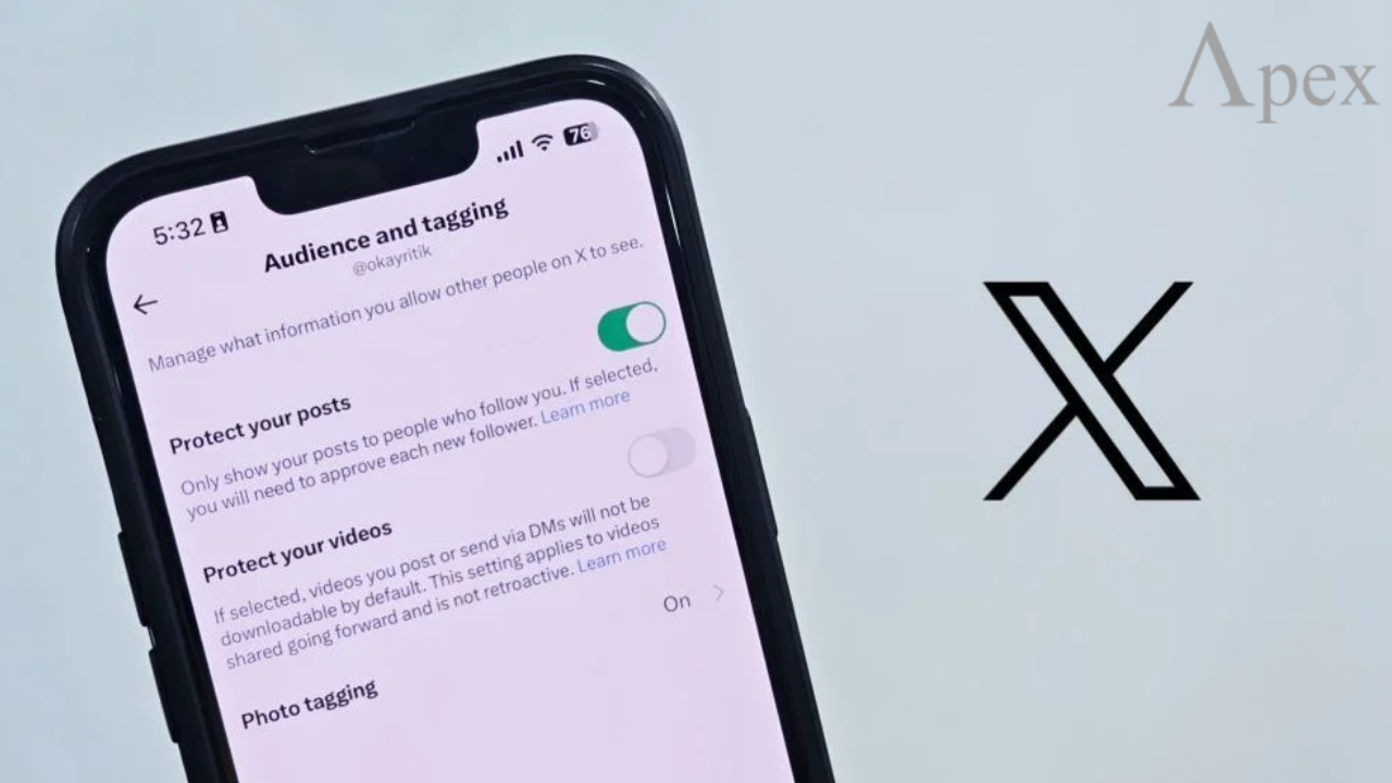 Phone showing X settings screen with Protect your posts option turned on.