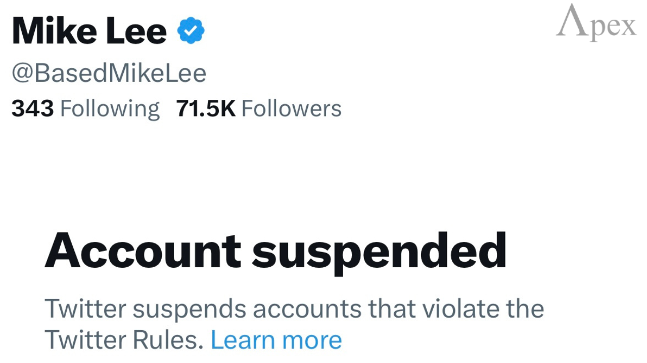 Screenshot showing a suspended X (Twitter) account message with the text 'Account suspended. Twitter suspends accounts that violate the Twitter Rules.'